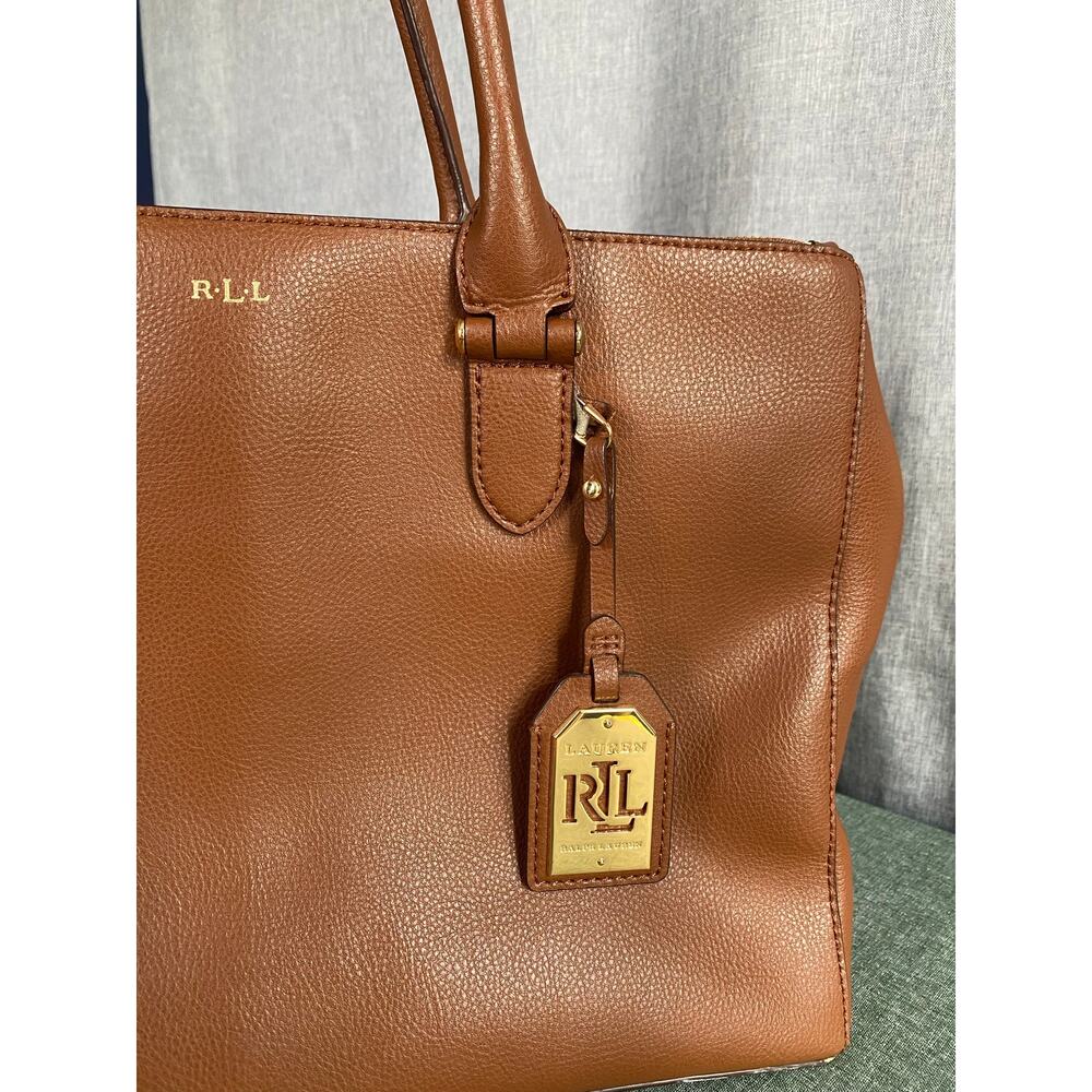Lauren Ralph Lauren Cognac Brown Pebbled Leather Satchel Tote Bag (As-Is) - Picture 9 of 9